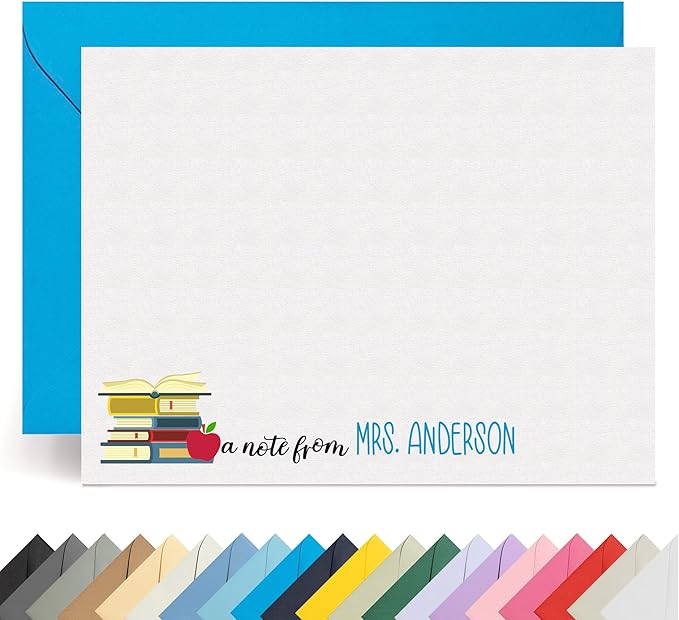 Personalized Stationery Teacher Note Cards with Envelopes – Custom Minimalist Thank You Cards, 12 Flat Note Cards & Colored Envelopes – Crush-Resistant Gift Packaging (Books with Apple)