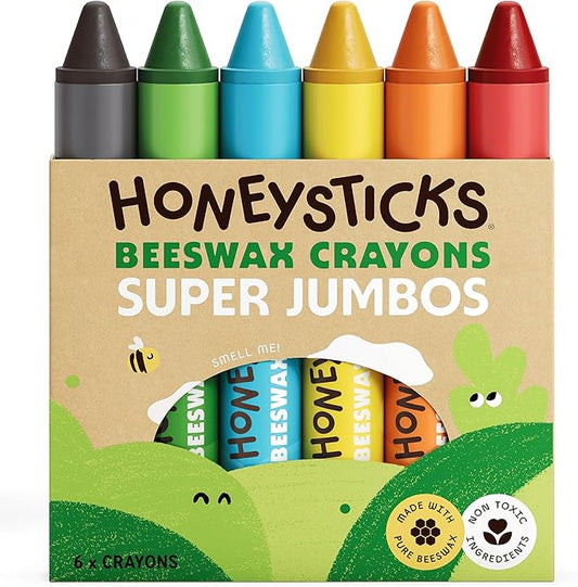 Honeysticks Super Jumbo Crayons (6 Pack) - 100% Pure Beeswax, Non Toxic Crayons for Toddlers 1-3, Extra Large Crayon Size, Easy to Hold and Use, Unbreakable Toddler Crayon, Eco-Friendly