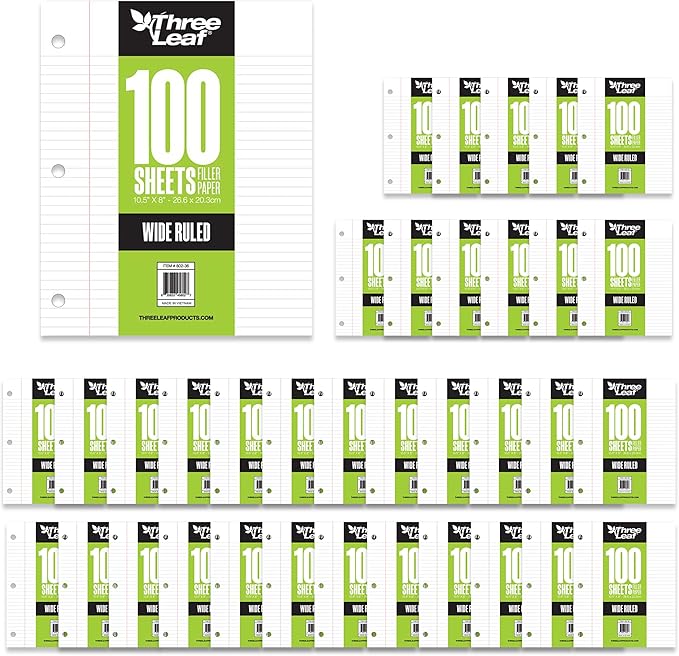 THREE LEAF 100 SHEETS WIDE RULED FILLER PAPER, PACK OF 36, LOOSE-LEAF SHEETS FOR SCHOOL AND OFFICE 100 CT. FILLER PAPER, NOTEBOOK PAPER