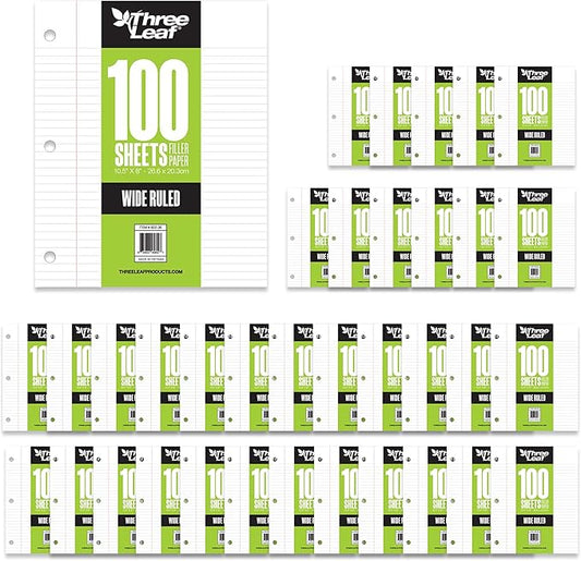 THREE LEAF 100 SHEETS WIDE RULED FILLER PAPER, PACK OF 36, LOOSE-LEAF SHEETS FOR SCHOOL AND OFFICE 100 CT. FILLER PAPER, NOTEBOOK PAPER