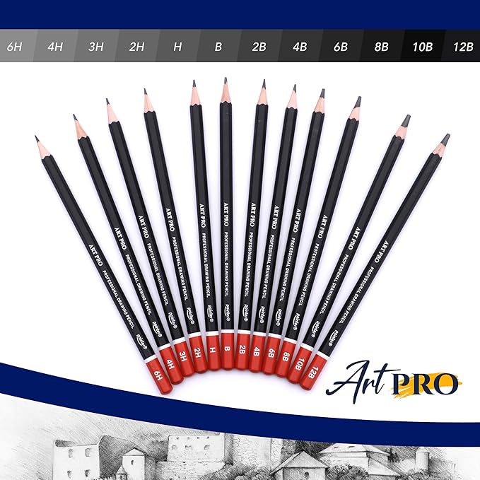 Pointer Art Pro Drawing Pencils Set, 12 Graphite Pencils 6H-12B, Professional Artist Sketching Kit