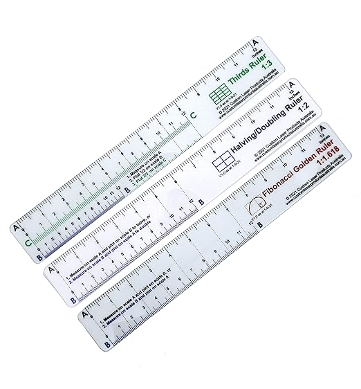 No-Math Ruler Set — Three 12" Flexible Clear PETG Rulers | Fibonacci, Halving and Doubling and Rule of Thirds | Drawing and Drafting | Made in Australia
