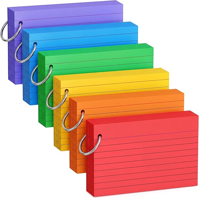 Colored Index Cards 3x5 Inch with Ring - 288 Count Neon Colored Ruled Index Flash Cards for Studying, Lined Index Note Cards 3x5 Flashcards, Notecards 3 x 5 Lined Small Index Cards Ruled 6 Pack of 48