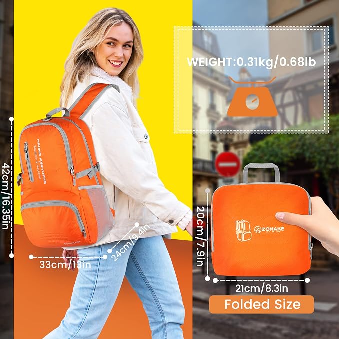 ZOMAKE Lightweight Packable Backpack, Water Resistant Foldable Daypack 35L | Light Hiking Backpacks Collapsible Day Pack for Travel, Everyday Carry, Multi Compartment Storage, Adjustable Strap (Orange)