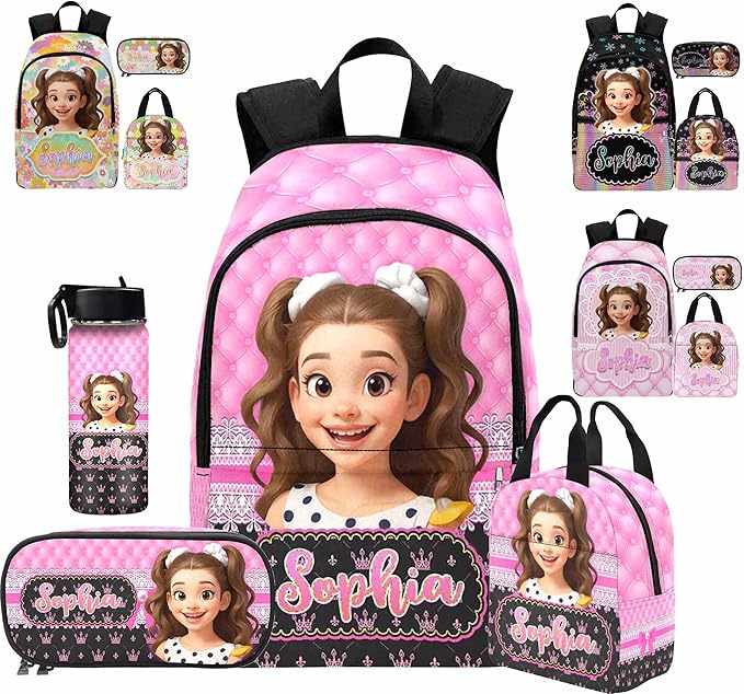 M YESCUSTOM Custom Backpack for Girls Personalized School Bookbag with Lunch Bag Kids Girl Backpacks with Face Elementary Preschool Cute Book Bag Daypack Travel Bag Water Bottle