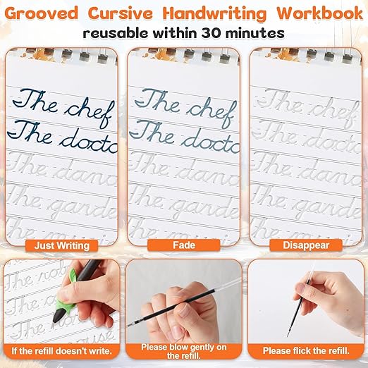 gisgfim Grooved Cursive Handwriting Workbook Magic Reusable Grooved Cursive Handwriting Practice Guided Tracing with Disappearing Ink Pens for Beginners Kids Learning Activities Supplies (Sentence)