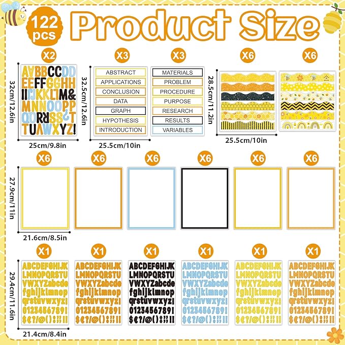 122Pcs Science Fair Board Supplies 72 Bee Trim Scalloped Borders 36 Presentation Board Subtitles 6 Self Adhesive Project Titles 8 Letter Stickers for Classroom Office Decor(Bee)