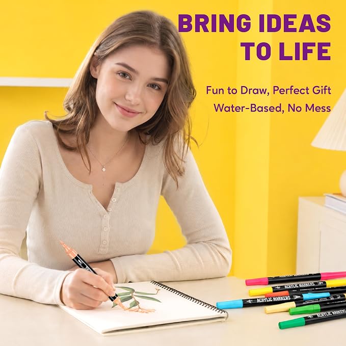 Pagather Acrylic Paint Markers, 36 Colors Dual Tip Fine & Brush Pens Set