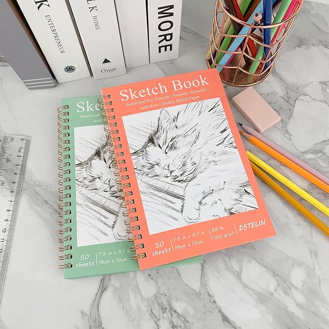 DSTELIN 2 Pack Hardcover Sketchbooks (100 GSM Sketch Paper), 7.5x5.1 Inch Spiral Sketch Book for Sketching, Drawing, Painting, 50 Sheets per Pack, Pink and Green