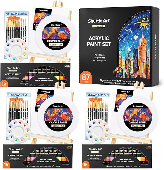 Shuttle Art 87 Pack Acrylic Painting Kit, Paint Kit with 3 Packs 15-Color Acrylic Paint, 3 Wooden Easels, Canvas, Brushes & Palettes, Art Painting Supplies for Adults, Kids & Beginners