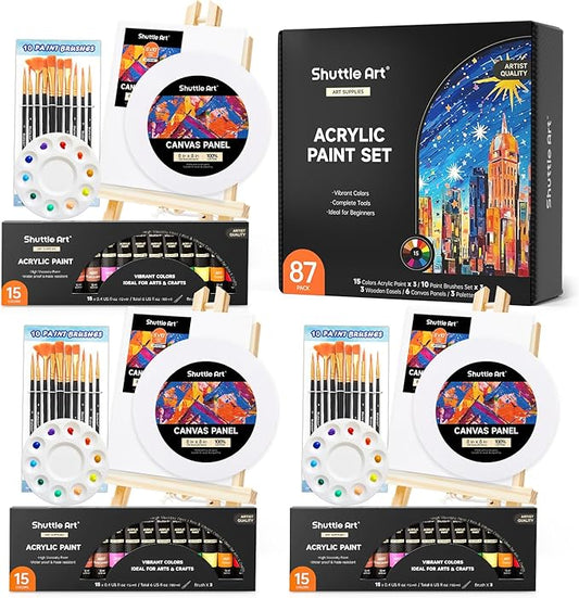 Shuttle Art 87 Pack Acrylic Painting Kit, Paint Kit with 3 Packs 15-Color Acrylic Paint, 3 Wooden Easels, Canvas, Brushes & Palettes, Art Painting Supplies for Adults, Kids & Beginners