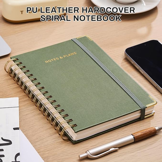 Ovesmusl Undated Daily Planner - 126 Days Hourly Schedule & To Do List - A5 PU Leather Hardcover Spiral Notebook planner with stickers, Metal Corner Protectors & Back Pocket for Work & School, Green