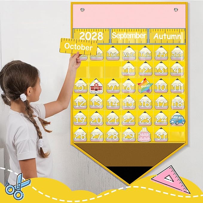 Feifeiya Pencil Calendar Pocket Chart with 82 Activity Cards Classroom Learning Circle Time Calendar Teacher Daily Schedule Pocket Chart for Classroom Homeschool Preschool Office Supplies