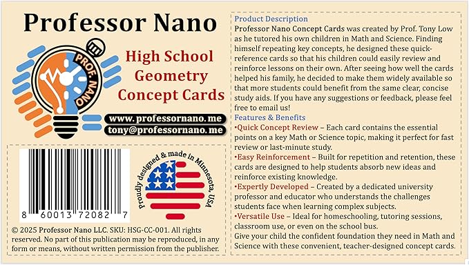 Professor Nano High School Geometry Concept Cards || 4x7.11 inches, Set of 11 || Cheat Sheet, Quickstudy