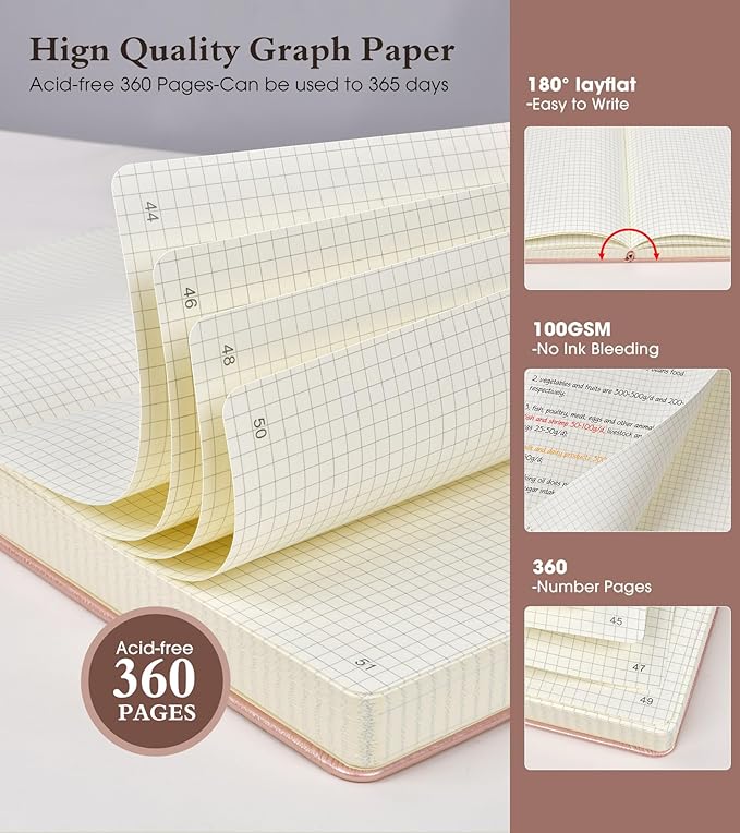 Ansopu Graph Paper Notebook Journal, 360 Numbered Pages Grid Notebooks, Thick 100gsm Graphing Paper Notebook Journals for Women Men, B5 Large Hardcover Leather Graph Notebook 7.6'' X 10'' Pink