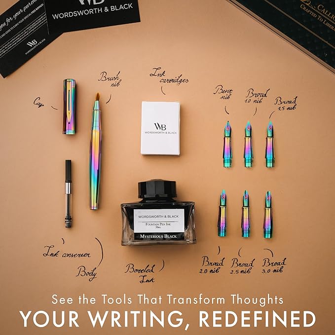 Wordsworth & Black Calligraphy Pen Gift Set, Includes Ink Bottle, 6 Ink Cartridges, A Refill Converter, 6 Replacement Nibs, Journaling, Smooth Writing Pens [Rainbow]