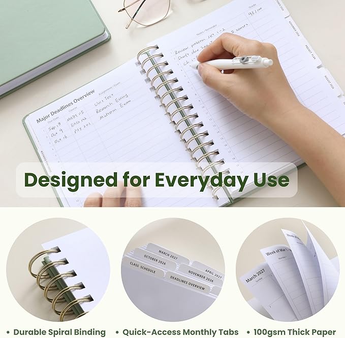 Academic Planner Aug 2026-Jul 2027, A5 Size, Student Planner with Monthly & Weekly Layout, Spiral Planner with Tabs, Class Schedule, Major Deadlines & Project Planning (Green)