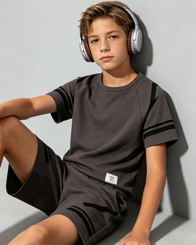Cakaner Tween Boys Clothes Summer Simple Print T-Shirt And Shorts Set 2 Pieces Teen Trendy Outfits Size 7-14 Year