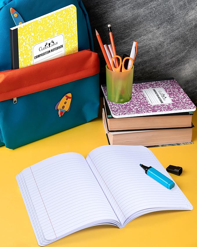 CLEENTABLE Composition Notebook 6 Pack, Wide Ruled Paper, Marble Cover Notebooks for School, 9.75 x 7.5 Inches, 100 Sheets (200 Pages), Sewn Binding Comp Books, Multicolor