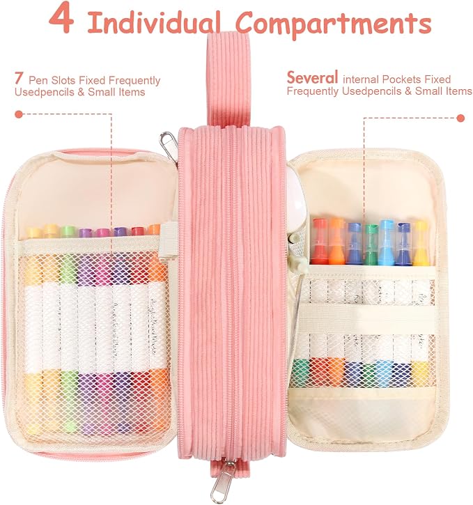 BuyCard Pink Corduroy Pencil Case, Large Capacity, Casual Style, Zipper Pouch Organizer for Teen Girls, Cute Stationery Storage and Organizer, Supplies for Teen and Adult Girls