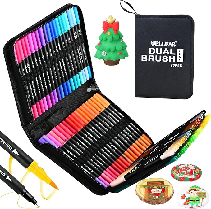 WELLFAR 【72 Colors】 Adult Coloring Book Markers No Bleed – Dual Felt Tip (Fine & Brush) Art Markers for Teens/Kids -Gel Acrylic Paint Pens Set for Drawing, Rock Painting, Journaling, Non Bleeding.