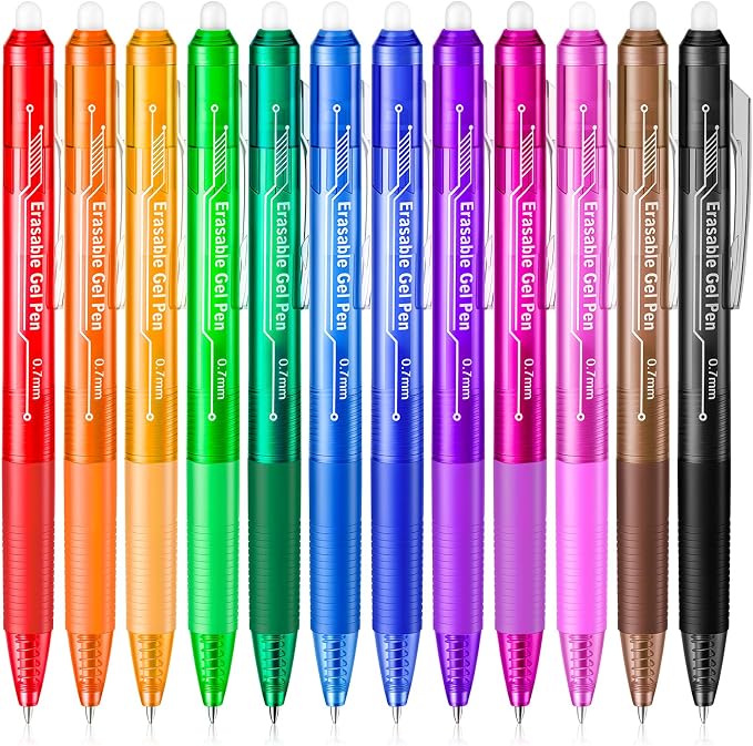 sunacme Retractable Erasable Gel Pens, 12 Color Fine Point Erasable Pens Clicker, Make Mistakes Disappear, Assorted Ink for Drawing, Writing, Planner & Crossword Puzzles (0.7mm, Pack of 12)