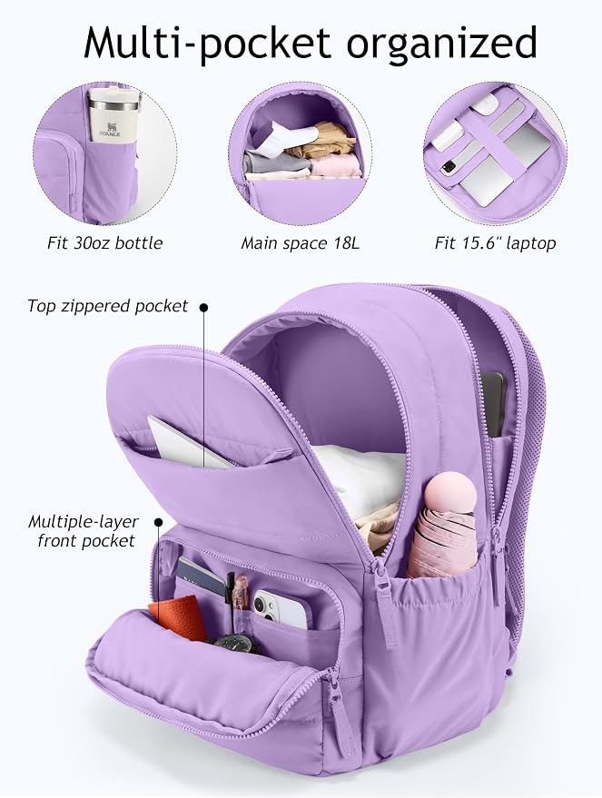 Uselike Travel Backpack for Women, 15.6 Inch Laptop Backpack, Quilted College Bookbag, Cute Work Backpacks, Water Resistant (Lavender Purple)
