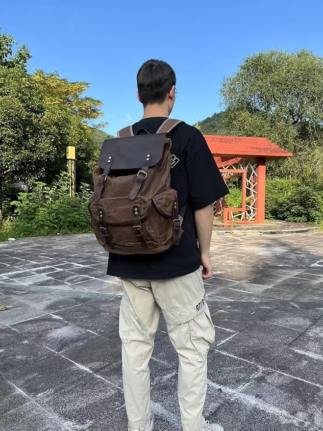 Genuine Leather Canvas waxed Backpack Travel Rucksack Laptop Bag Army Green