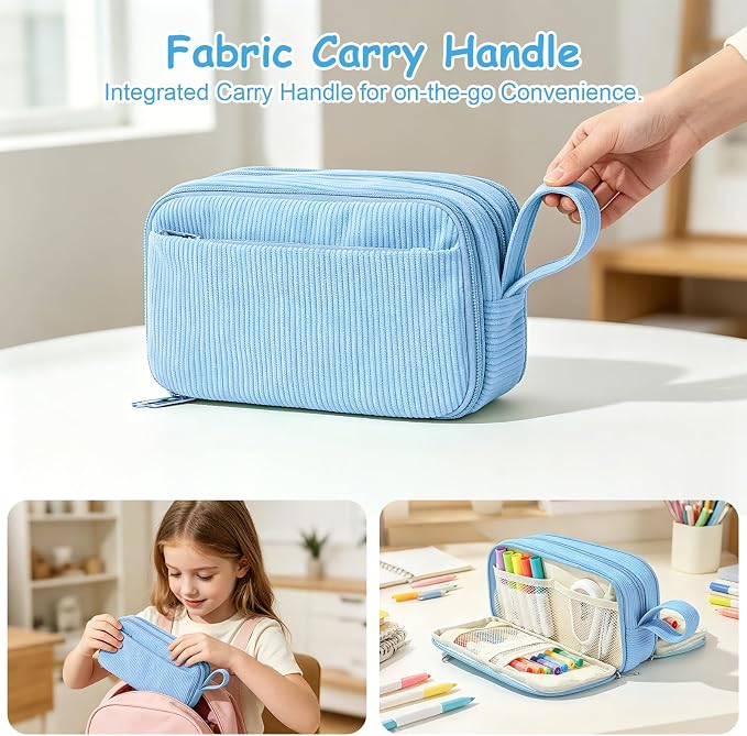 BuyCard Blue Large Capacity Corduroy Pencil Case, Casual Style, Zipper Pouch Organizer for Teen Girls, Boys, Women and Men