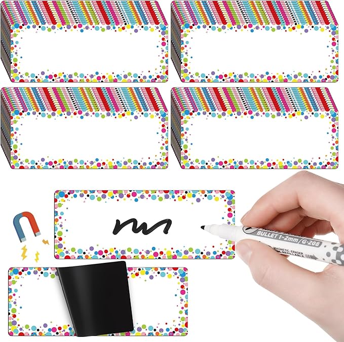 Eaasty 48 Pcs Dry Erase Magnetic Label Back to School Magnetic Name Labels Colored Black White Composition Dots Reusable Name Tag for Whiteboard Office Home(Not Include Pen)(Colored Debris)