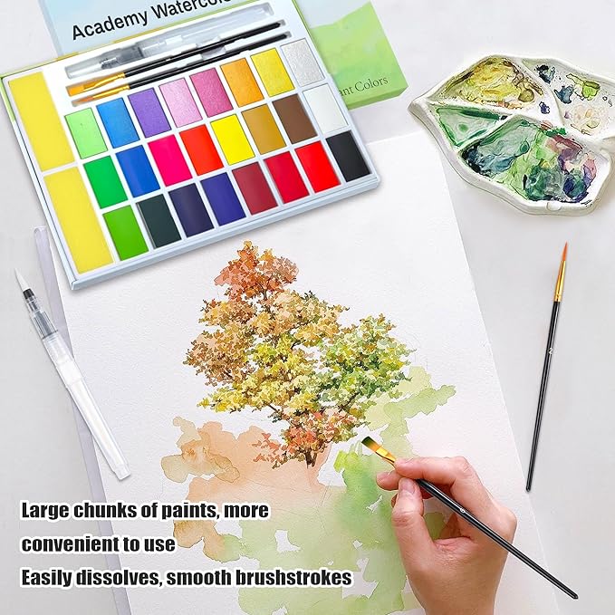 24 Colors Large Block Watercolor Paint Set for Watercolors Workbook, Portable Water Colors Paint Kit with 2 Paintbrushes 1 Waterbrush, for Painting Beginners & Professional Amateur Hobbyists