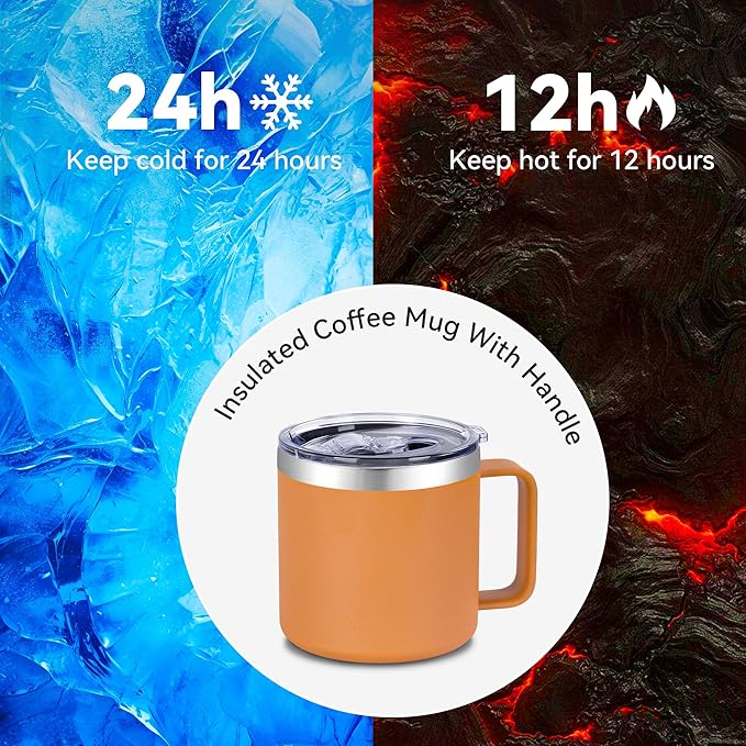 VEGOND 14 oz Insulated Coffee Mug Bulk with Handle, Stainless Steel Travel Coffee Mug with Lid, Double Wall Vacuum Metal Coffee Cup, Coffee Tumbler Powder Coated, Orange 8 Pack