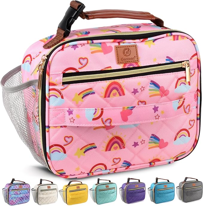 Genteen Lunch Box for Kids, Boys - Insulated Small LunchBox Reusable, Zip Closure & Buckle Handle, Portable Cooler for Work, School, Travel (Rainbow)