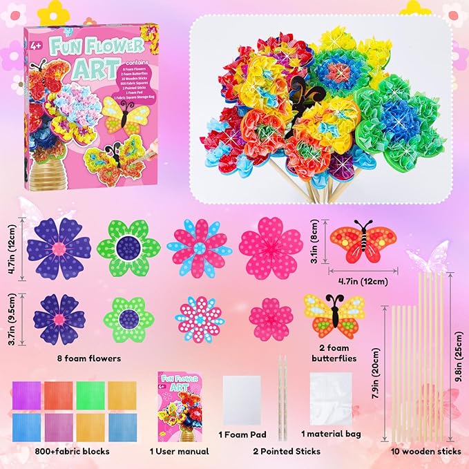 MUNDIDO Poke in Fun Art Flower Bouquet, Mess Free Paper Craft Kits for Kids, DIY Creative Activity Gifts for 6 7 8 9 10 Year Old Girls, Birthday Gifts for Girls Boys Age 5-12