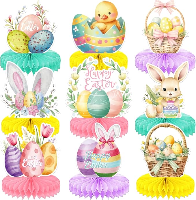 9Pcs Easter Centerpieces for Tables,Colorful Easter Centerpiece Table Decorations Cute Bunny Egg Honeycomb Centerpieces for Spring Happy Easter Rabbit Photo Prop Party Supplies