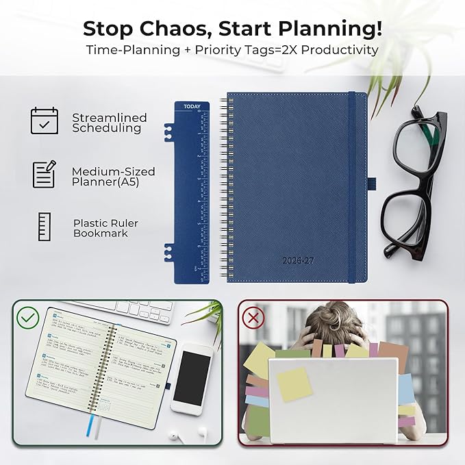 Planner 2026-2027 Daily Weekly and Monthly,8.5"x6.5",18 Months Spiral Bound Calendar Agenda with Self-adhesive Pen Holder,2026 Academic Plan with Vegan Leather Soft Cover,Blue