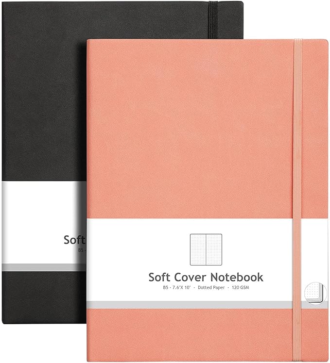 AHGXG Dotted Journal 2 Pack - B5 Large Journal Dot Grid Notebook (7.6'' X 10'') with Thick 120gsm Dot Paper, Soft Leather Cover, Total 384 Pages, Inner Pocket, Black Pink