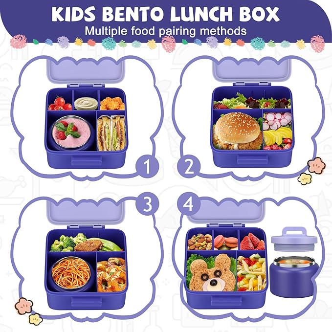 MAISON HUIS Bento Lunch Box with 8oz Soup Thermo, 5-Compartment Leak-Proof Container, Thermo Hot Food Jar and Insulated Lunch Bag, BPA Free,Travel, School (Purple)