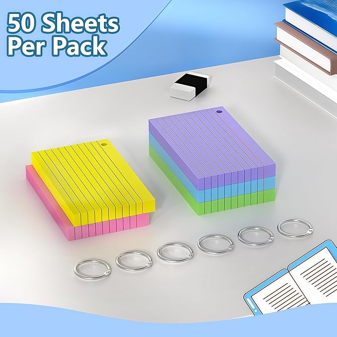 3x5 Inch-200 Count Index Cards with Key Ring, 4 Color Colored (50 Sheets Each) Flash Cards,Students, Teachers, Study Note Cards,table Note Taking for Office Home School
