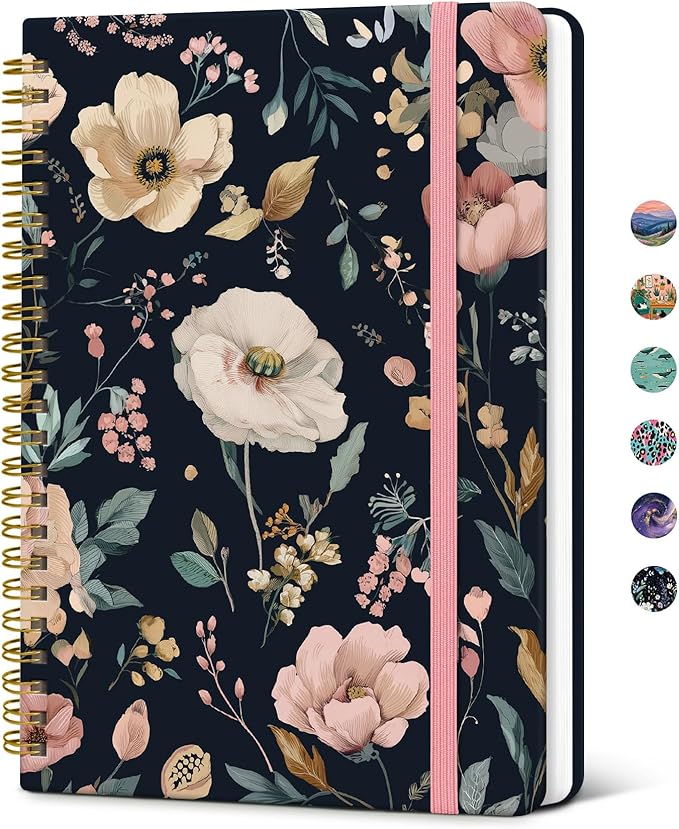 Taja Spiral Lined Journal for Women, Notebook for Work with Pretty Cover, 140 College Ruled Pages, Hardcover Notebook for Journaling, Note Taking, Bible Study, Evening Petals