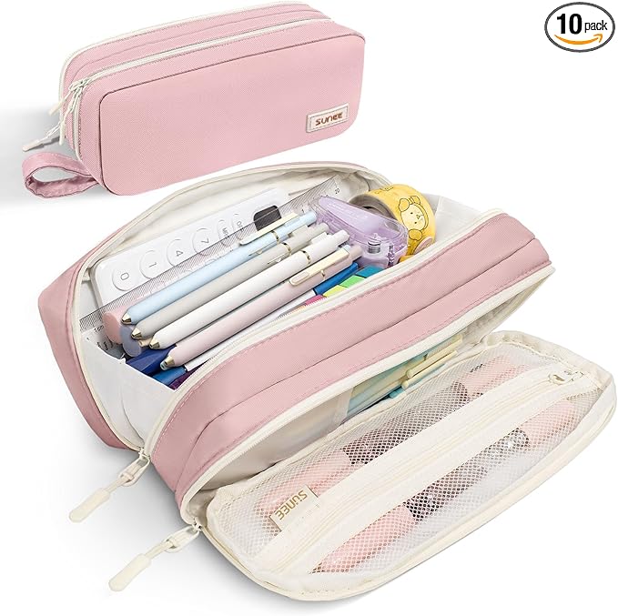 SUNEE Pencil Case, Large Capacity Pencil Pouch, Aesthetic Pen Bag Office Stationery Organizer Simple Sturdy Multifunctional for Teen Girls Women Men, Pink