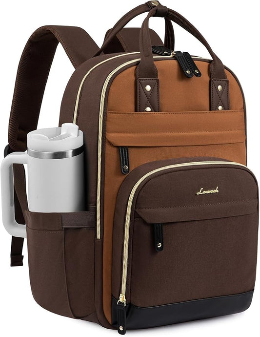 LOVEVOOK Laptop Backpack Women with Tumbler Holder,15.6 inch Work Travel Backpack Computer Laptop Bag,Cute College Nurse Teacher Backpack Purse,Gifts for Women & Men,Brown-Yellowish-brown-Coffee brown