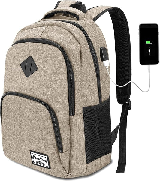 YAMTION School Backpack with USB Charging Port for Laptop College Travel Work Office Teens Beige Beige 15.6 Inches