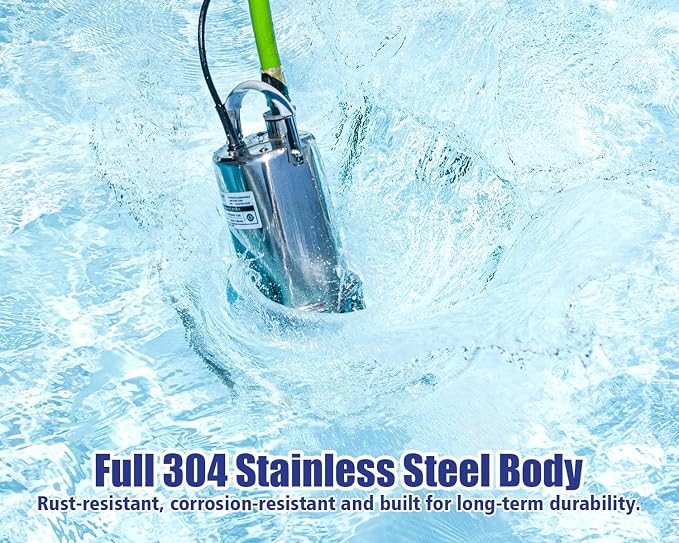 Green Expert 1HP Submersible Sump Pump, 4000GPH Full 304 Stainless Steel Manual Utility Pump with Adapter Kit, Oil-Free Top Discharge Water Removal for Basements, Pools, Hot Tubs & Drainage Pits