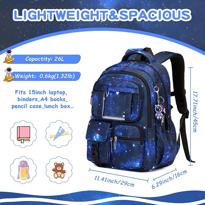 PIG PIG GIRL Kids Backpack for Girls Boys School Bags for Middle School Students Book Bag for Elementary Primary Kawaii Ita Backpack, Galaxy Astronaut