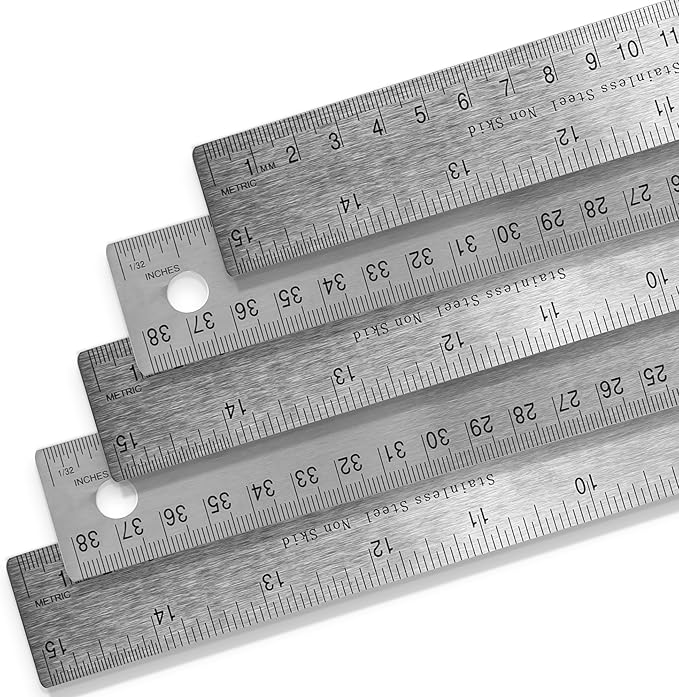 5 Pack | Pacific Arc, Stainless Steel 15 Inch Metal Ruler Non-Slip Cork Back, with Inch and Metric Graduations