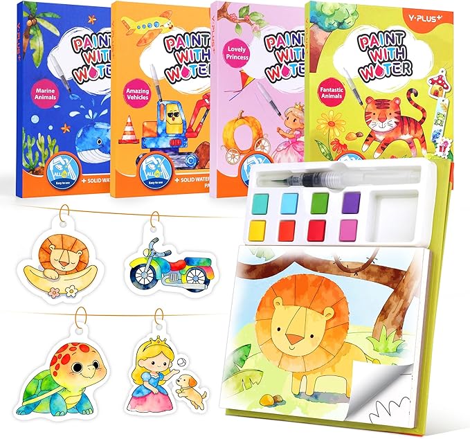 YPLUS Paint with Water Coloring Book for Toddlers, 4 Pack Mess Free Watercolor Painting Set, 26 Pages & 8 Color Palettes, DIY Art Craft Travel Toy Gift for Kids Ages 1-3 2-4 4-6(4 Themes)