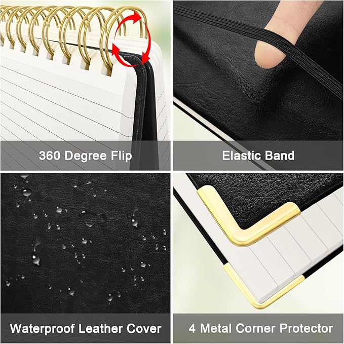 A5 Top Spiral Notebook, Large Leather Hardcover Top Bound Steno Pads, 240 Pages 100 gsm Thick Lined Paper Left Handed Notebook Journal for Work, School, Meeting Writing - Black, 5.9" x 8.5"