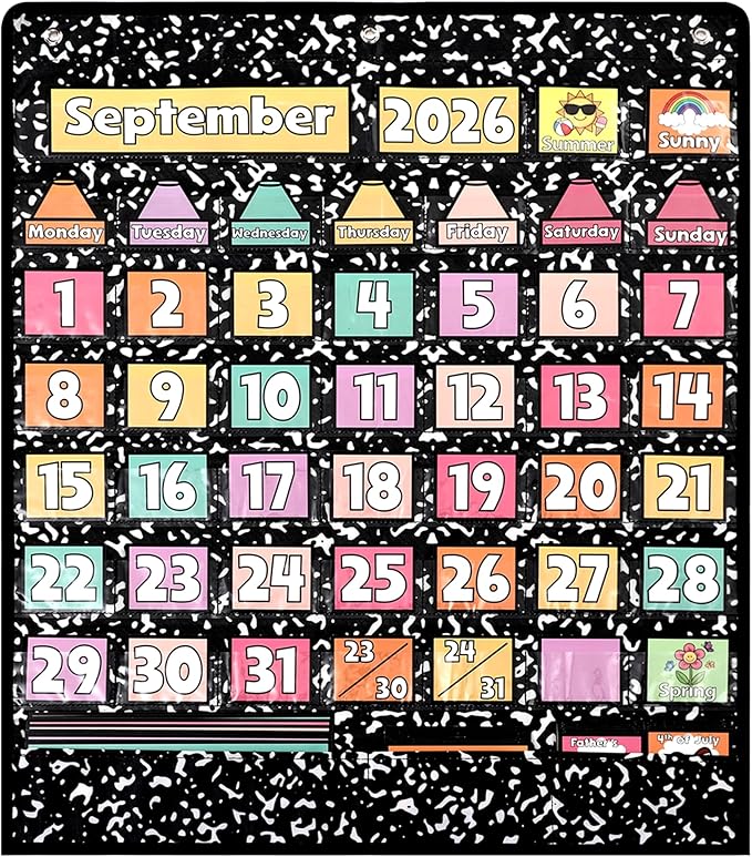 Gueevin Classroom Calendar Pocket Chart Set Composition Calendar Bulletin Board Set Seasons Festival Weather Bulletin Board Display with Cards Pocket Chart for Classroom Back to School Decoration
