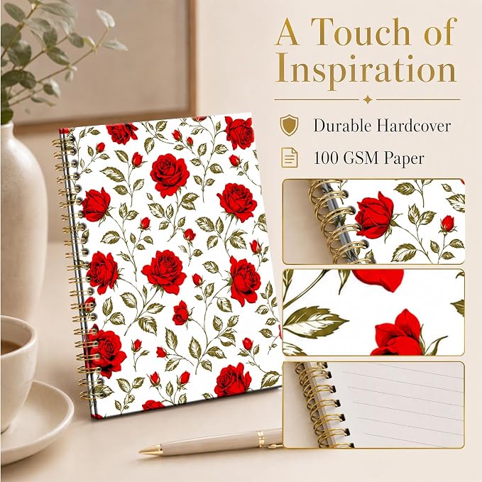 ATJFKIXL Cute Spiral Journal Notebook, A5 120 Page College Ruled Wirebound Notebook, Soft Cover for Students Office Notes and Planning - Red Rose Floral